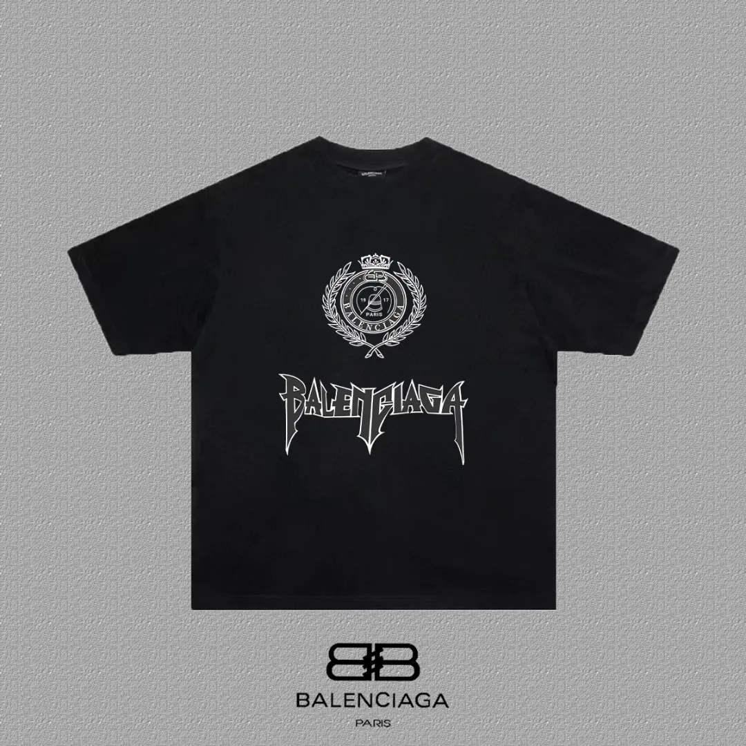 P80✨🔥 BALENCIAGA Paris lettering printed short-sleeved T-shirt, custom-woven and dyed 280g combed cotton heavyweight fabric, zero color difference in thread, perfect details, different from the current version on the market, welcome to compare, Same Style for men and women, must-sell in the picture above Color: White Black Size: 1 2 3 4